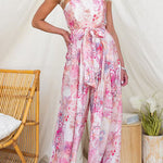 Strapless Bow Waist Floral Print Slit Wide Leg Jumpsuit