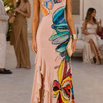 One Shoulder Sleeveless Floral Print Ruffle Slit Maxi Dress