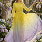 High Waisted Long Sleeves Belted Contrast Color Gradient Pleated Split-Joint Round-Neck Maxi Dresses