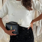 Light The Night Knit Satin Bow Detail Short Puff Sleeve Sweater