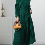 Casual Long Sleeves Loose Tied Pleated Stand Collar Midi Dresses