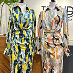 High Waisted Long Sleeves Asymmetric Pleated Printed Split-Joint Deep V-Neck Midi Dresses