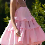 A-Line High Waisted Backless Layered Pleated Solid Color Spaghetti-Neck Mini Dresses