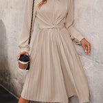 Long Sleeves Loose Pleated Solid Color Split-Joint Tied Waist Round-Neck Midi Dresses