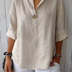 V-neck cotton and linen button top
