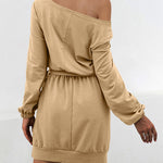 Long Sleeves Loose Elasticity Solid Color Tied Waist One-Shoulder Mini Dresses