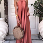 A-Line Loose Backless Solid Color Tied Halter-Neck Maxi Dresses
