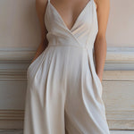 Ivory V-Neck Tailored Wide-Leg Jumpsuit