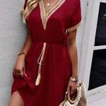 A-Line Elasticated Waist Contrast Color Drawstring Hollow Split-Joint Tasseled Tied V-Neck Mini Dresses