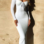 Bodycon High Waisted Bow-Embellished Solid Color Split-Joint Tied Square-Neck Maxi Dresses