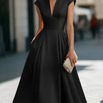 Cap-Sleeve Deep V-Neck Pleated Midi Dress