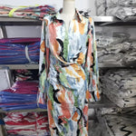 High Waisted Long Sleeves Asymmetric Pleated Printed Split-Joint Deep V-Neck Midi Dresses