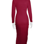 Bodycon Elasticated Waist Pleated Solid Color Split-Joint Split-Side Deep V-Neck Midi Dresses