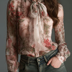 Retro Romantic Floral Chiffon Bow-Tie Blouse