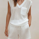 Quiet Luxury Ivory Knit Sleeveless V-Neck Top & Drawstring Shorts Set