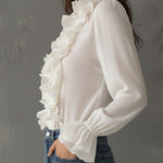 Retro Romantic High Neck White Ruffled Chiffon Blouse