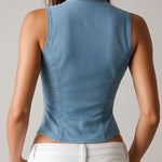 Chic Plunging Lapel Light Blue Denim Corset Vest
