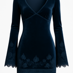 Embroidery Bell Sleeves Velvet Dress With Lace Trim