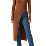 Margo Maillard Turtleneck High Slit Ribbed Knit Dress