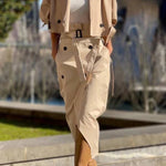 Work Style Lapel Long Sleeve Jacket and Button Belt Pocketed Slit Midi Skirt Set