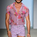 Men's Retro Casual Mesh Printed Floral Lapel Short Sleeve Shirt