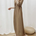 Half Sleeves Irregular Clipping Pleated Solid Color Round-Neck Midi Dresses