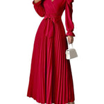 A-Line High Waisted Pleated Solid Color Tied Waist V-Neck Maxi Dresses