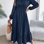 A-Line Elasticated Waist Pleated Solid Color Round-Neck Maxi Dresses