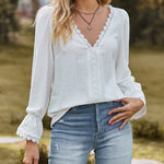 Zeagoo Zeagoo Women's Crochet Lace Basic V-Neck Shirts Elegant Long Sleeve Tunic Blouse Tops