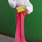 Loose Puff Sleeves Pleated Solid Color Split-Joint Round-Neck Blouses&Shirts Tops