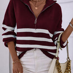V Neck Collar Ribbed Knitted Stripe Pullover Sweater