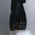 Half Sleeves Loose Hollow Solid Color Round-Neck Midi Dresses