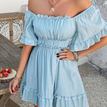 A-line High Waisted Elasticity Pleated Ruffle Trim Solid Color Square-neck Mini Dresses