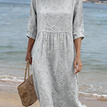 Women's Casual  Round Neck Mid Sleeve Print Cotton and Linen Dress