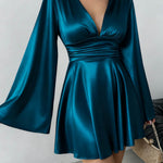 Bodycon Elasticated Waist Solid Color Deep V-Neck Mini Dresses