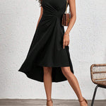 A-Line High Waisted Asymmetric Pleated Solid Color Split-Joint Round-Neck Midi Dresses