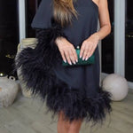 Black One Shoulder Trapeze Dress with Feather Trim