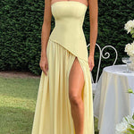 Margovil Strapless Back Lace-up High Slit Splice Maxi Dress