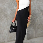 Strapless Tube Back Slit Color Block Bodycon Midi Dress