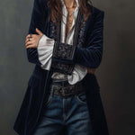 Vintage Navy Polyester Velvet Embroidered Long Jacket