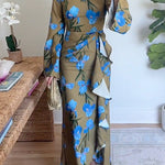 Bell Long Sleeves Floral Print Draped Slit Maxi Dress