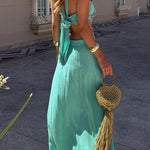 Tie Bow Backless Cut Out Color Block Maxi Dress