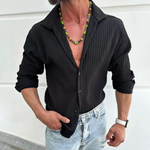 Men's Solid Striped Lapel Long Sleeve Casual Shirt