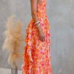 Backless Cut Out Floral Print Ruffle Slit Maxi Cami Dress