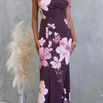 Asymmetrical Shoulder Floral Print Maxi Dress
