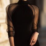 Sheer-Sleeve High-Neck Cocktail Dress