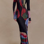 Boat Neck Long Sleeves Watercolor Print Maxi Dress