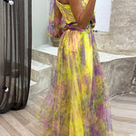 Margovil One Shoulder Waisted High Slit Mesh Overlay Printed Maxi Dress