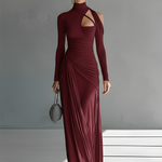 Women's Grey Silky Stretch Sophisticated Ruched Detail Cut-Out Maxi Dress