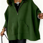 Margovil Dolman Sleeves Zipper Up Pocketed Jacket with Faux Fur Hood